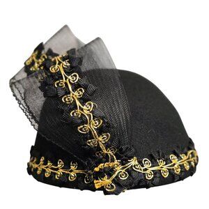 Vintage Black Fascinator Hat With Gold Embroidery & Mesh Bow Elegant Formal Desi